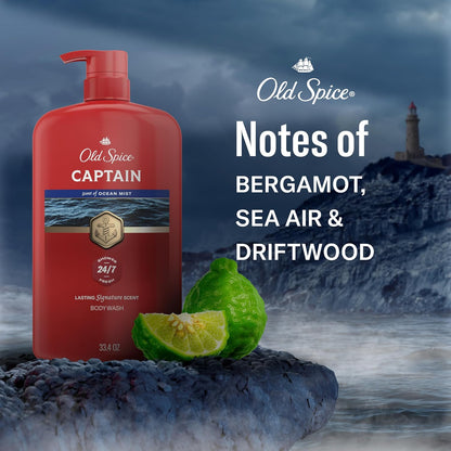 Old Spice Refreshing Body Wash for Men, 3X Defense, 24/7 Shower Fresh with Long Lasting Scent, Red Collection, Captain with Bergamot Scent, 33.4 oz