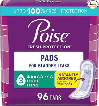Poise Incontinence Pads & Postpartum Incontinence Pads, 3 Drop Light Absorbency, Long Length, 96 Count (4 Packs of 24), Packaging May Vary
