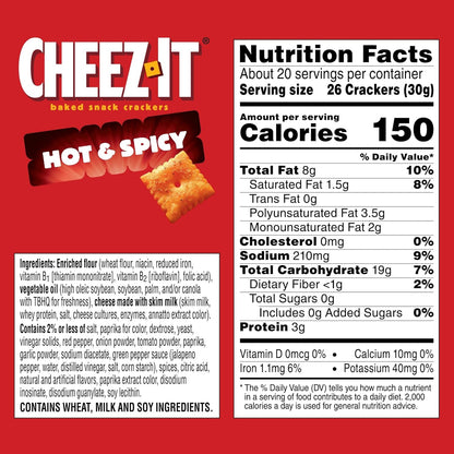 Cheez-It Baked Snack Crackers, Lunch Snacks, Family Size, Hot and Spicy, 21oz Box (1 Box) (Pack of 2)