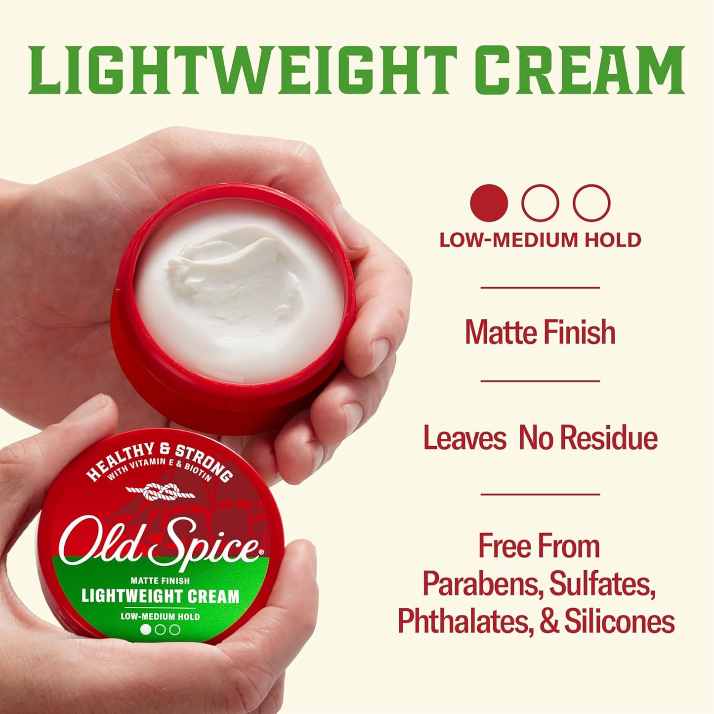Old Spice Mens Hair Cream, Lightweight Cream, Healthy & Strong with Vitamin E & Biotin, Mens Hair Styling, Low-Medium Hold, Matte Finish, 2.22 oz