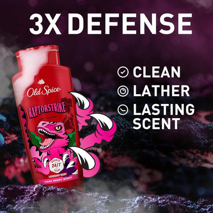 Old Spice Cleansing Body Wash for Men, 3X Defense, 24/7 Shower Fresh with Lasting Scent, 2-in-1 Body & Face Wash, Raptorstrike with Dark Berry Scent, 24 oz (Pack of 4)