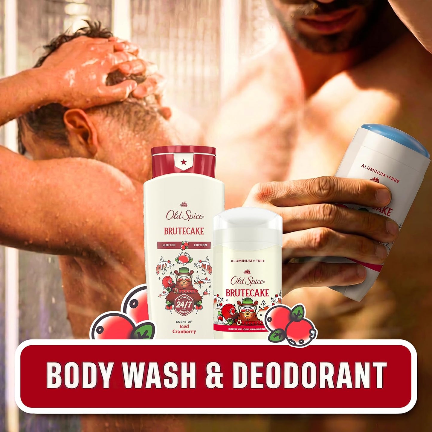 Old Spice Aluminum Free Deodorant for Men, Holidudes Limited Edition, 24/7 Holiday Freshness, Odor Protection, Stocking Stuffer, BruteCake with Iced Cranberry Scent, 3.0 oz
