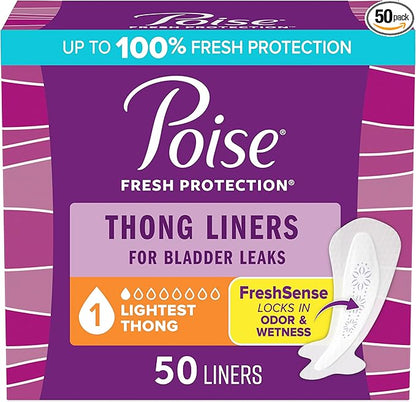 Poise Daily Thong Liners, Incontinence Panty Liners for Bladder Leaks, 1 Drop Lightest Absorbency, 50 Count of Pantiliners