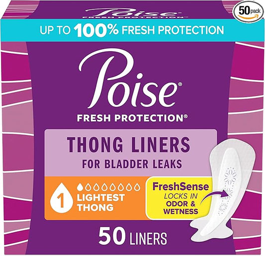 Poise Daily Thong Liners, Incontinence Panty Liners for Bladder Leaks, 1 Drop Lightest Absorbency, 50 Count of Pantiliners