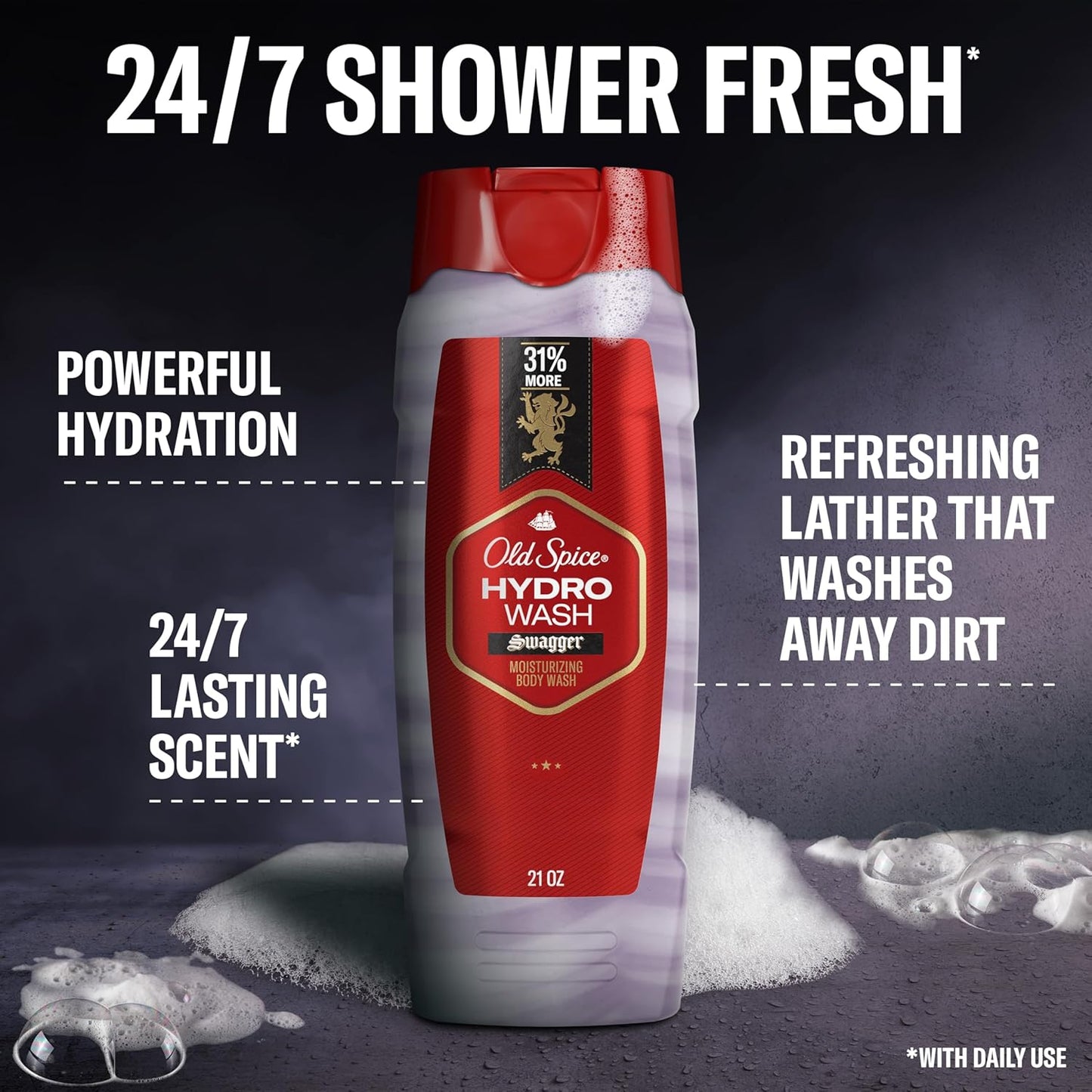 Old Spice Moisturizing Body Wash for Men, Hydro Wash, 2-in-1 Long Lasting Scent & Deep Hydration, 24/7 Shower Fresh, Swagger Scent, 21 oz,2 Count (Pack of 2)