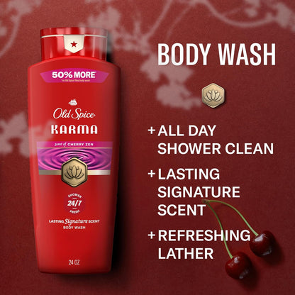 Old Spice Body Wash for Men, 24/7 Shower Fresh & Clean w/Daily Use, Lasting Signature Scent, Refreshing Lather, Moisturizing Formula, Karma with Cherry Spice, Black Pepper, & Sandalwood Scent, 24 oz