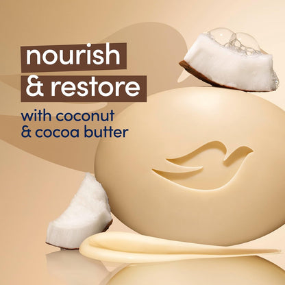 Dove Restoring Beauty Bar Soap 8 Count, Coconut & Cocoa Butter, 3.75 oz I Moisturizing beauty bar with coconut and cocoa butter for soft, nourished skin