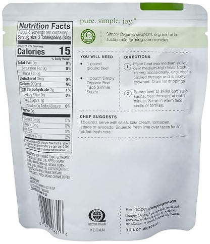 Simply Organic Southwest Taco Simmer Sauce, 8 Ounce Pouch, Bold Flavor, For Beef, Pork or Chicken Tacos (Pack of 6)
