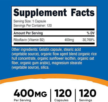 Nutricost Vitamin B2 (Riboflavin) 400mg, 120 Capsules, Gluten Free