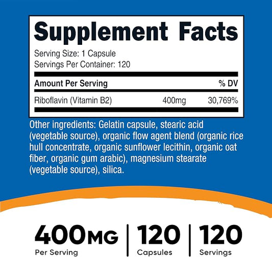 Nutricost Vitamin B2 (Riboflavin) 400mg, 120 Capsules, Gluten Free