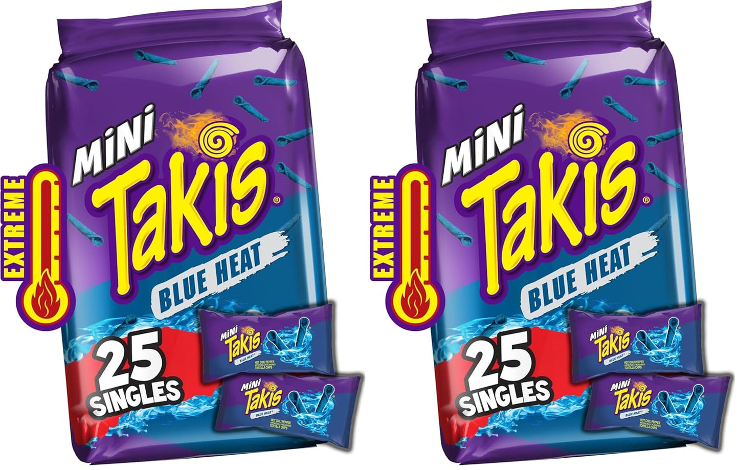 Takis Blue Heat Mini 25 pc / 1.23 oz Bite Size Multipack, Hot Chili Pepper Flavored Extreme Spicy Rolled Tortilla Chips (Pack of 2)