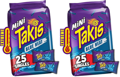 Takis Blue Heat Mini 25 pc / 1.23 oz Bite Size Multipack, Hot Chili Pepper Flavored Extreme Spicy Rolled Tortilla Chips (Pack of 2)