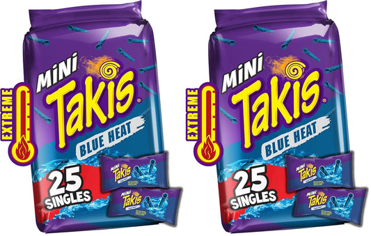 Takis Blue Heat Mini 25 pc / 1.23 oz Bite Size Multipack, Hot Chili Pepper Flavored Extreme Spicy Rolled Tortilla Chips (Pack of 2)