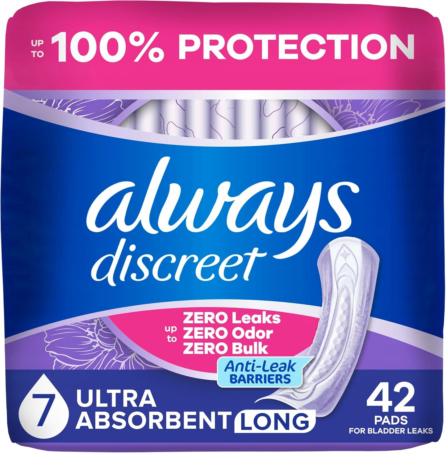 Always Discreet Adult Incontinence Pads for Women, Drier, 7 Drop Long Length, Ultra Absorbency, Pads for Bladder Control Management, Bladder Leaks, Overnight & Postpartum Pads, 42ct