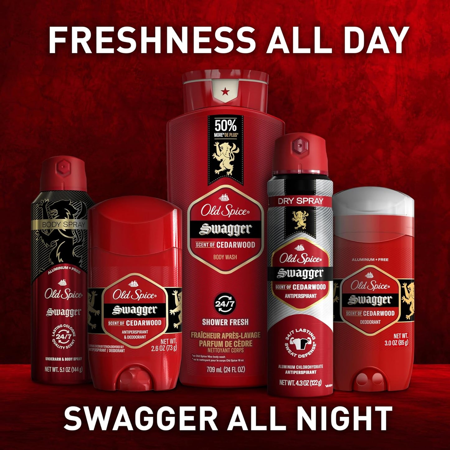 Old Spice Refreshing Body Wash for Men, 3X Defense, 24/7 Shower Fresh with Long Lasting Scent, Red Collection, Swagger with Cedarwood Scent, 24 oz (Pack of 6)