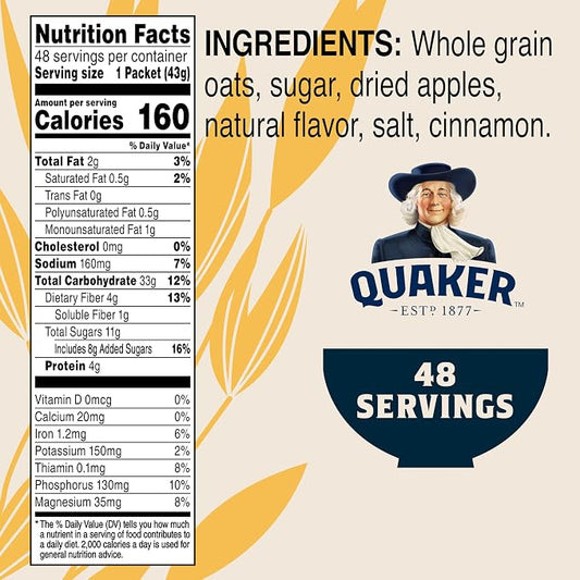 Quaker Instant Oatmeal, Apples and Cinnamon, Individual Packets (48 Count of 1.51 oz Packets), 72.48 oz