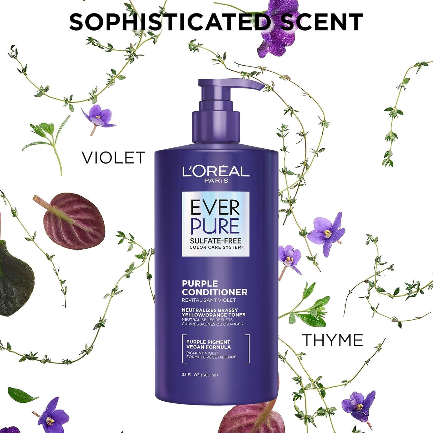 L’Oreal Paris Sulfate Free Brass Toning Purple Conditioner for Blonde,Bleached,Silver,or Brown Highlighted Hair,EverPure,23 Fl Oz (Packaging May Vary),(Pack of 2)