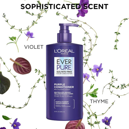 L’Oreal Paris Sulfate Free Brass Toning Purple Conditioner for Blonde,Bleached,Silver,or Brown Highlighted Hair,EverPure,23 Fl Oz (Packaging May Vary),(Pack of 2)