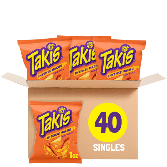 Takis Intense Nacho Rolled Tortilla Chips Multipack, 40 Count | Non-Spicy Cheesy Flavor, 1oz Individual Bags for Snacking and Lunchboxes