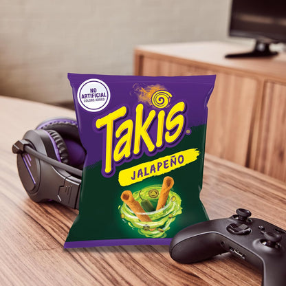 Takis Jalapeno 3.25 oz Snack Size Bag, Pickled Jalapeno Flavored Rolled Tortilla Chips (Pack of 4)