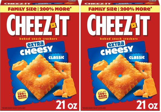 Cheez-It Cheese Crackers, Baked Snack Crackers, Lunch Snacks, Family Size, Extra Cheesy, 21oz Box (1 Box) (Pack of 2)
