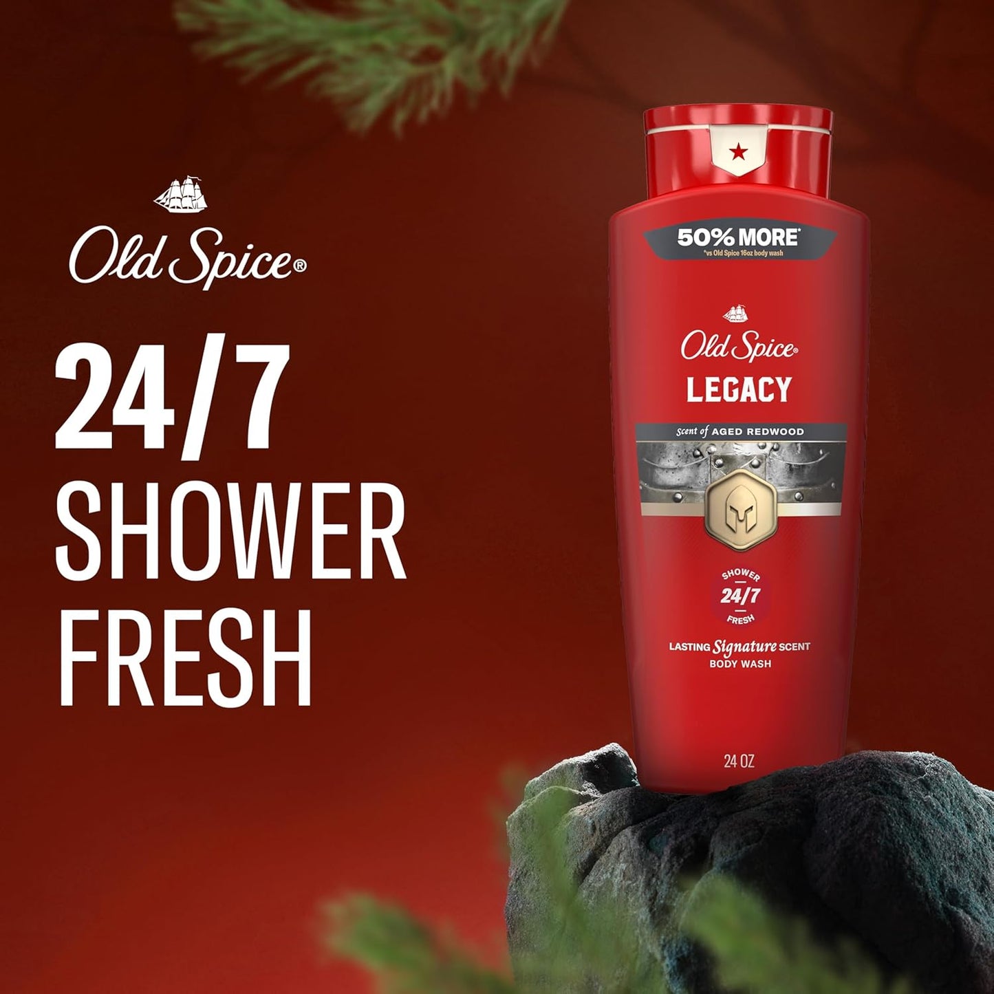 Old Spice Body Wash for Men, 24/7 Shower Fresh & Clean with Daily Use, Lasting Signature Scent, Refreshing Lather, Moisturizing Formula, Legacy with Coconut, Pine & Cedar Scent, 24 oz