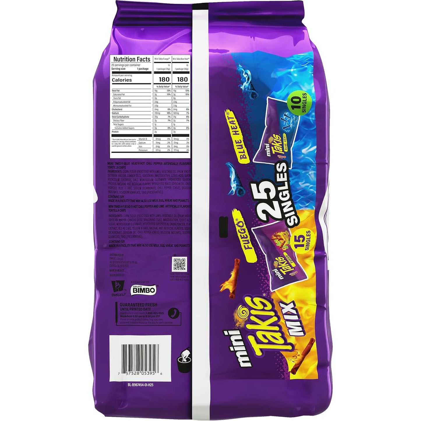 Takis Mini Assorted Variety Pack Rolled Tortilla Chips, 25 Count | (15) Fuego and (10) Blue Heat, Bite Size, 1.23oz Individual Bags for Snacking and Lunchboxes
