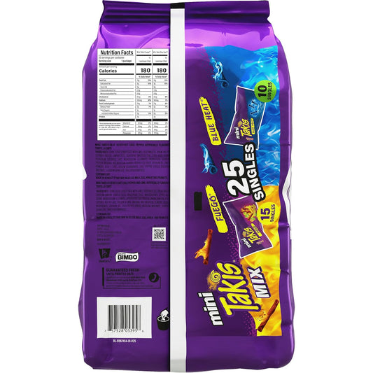 Takis Mini Assorted Variety Pack Rolled Tortilla Chips, 25 Count | (15) Fuego and (10) Blue Heat, Bite Size, 1.23oz Individual Bags for Snacking and Lunchboxes