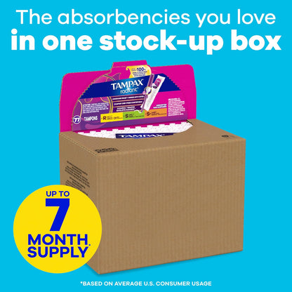 Tampax Radiant Tampons Multipack, with LeakGuard Braid, Regular/Super/Super Plus Absorbency, Up to 100% Leak and Odor Free Protection, Unscented, 77 Count