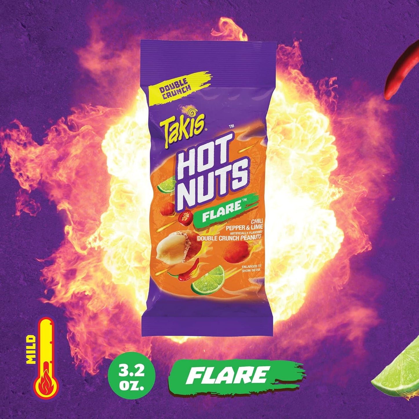 Takis Hot Nuts Flare Double Crunch Peanuts, Chili Pepper and Lime Artificially Flavored Peanuts, 3.2 Ounce Bag