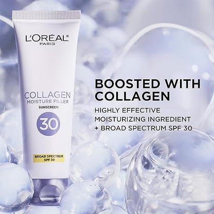 L'Oreal Paris Collagen Moisture Filler Face Cream with Broad Spectrum SPF 30, Anti-Aging Moisturizer and Daily Sunscreen, Includes Face Serum Sample