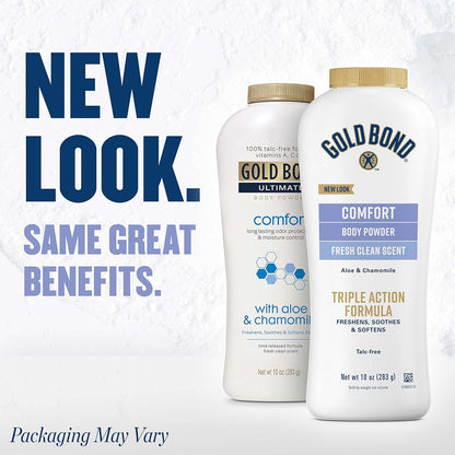 Gold Bond Comfort Body Powder for Men and Women, 10 oz., Talc-Free, Fresh Clean Scent With Aloe & Chamomile (Pack of 2)