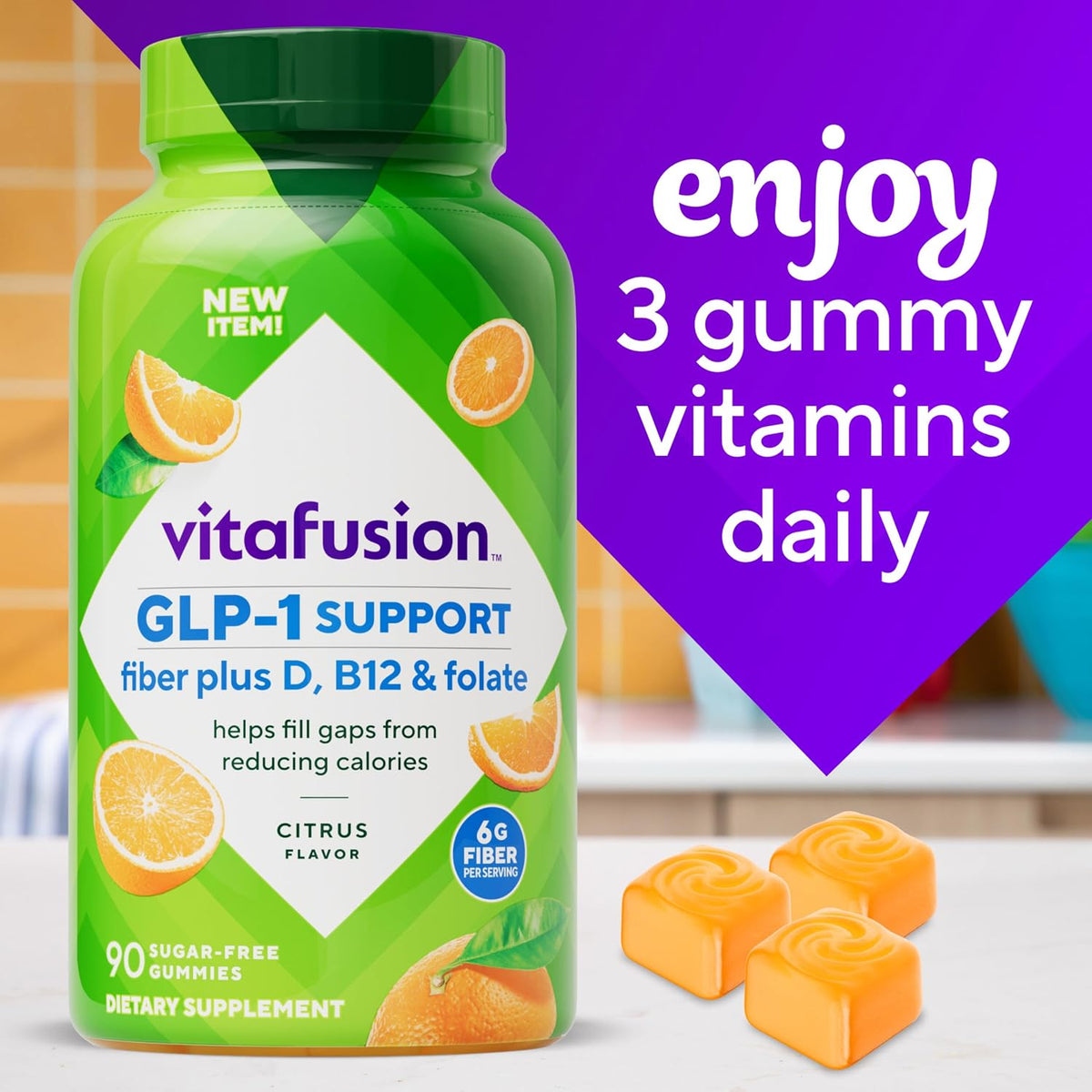 Vitafusion GLP-1 Support Fiber Plus Vitamins D,B12 and Folate Gummy Vitamins,Citrus Flavor,Sugar Free,30 Day Supply,90 Count (Pack of 2)