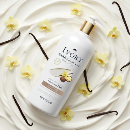 Ivory Hand & Body Lotion, 24hr Moisturizing, Repairs Extra Dry Skin, All Day Hydration, Lightweight Formula, Absorbs Instantly, Perfect for Daily Use, Shea Butter Blend, Vanilla Scent, 18 fl oz