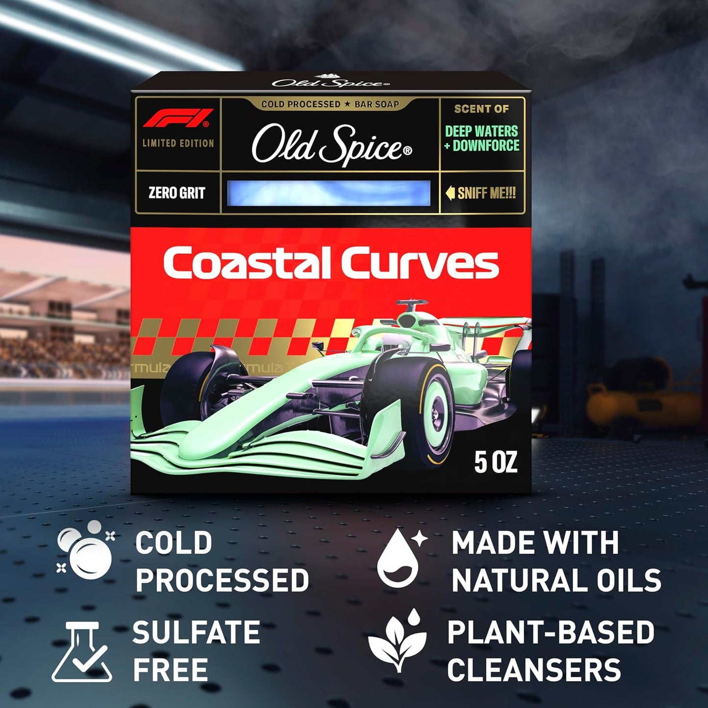 Old Spice Bar Soap for Men, F1 Collection, Cold Pressed with Zero Grit, Fast Track to Freshness, Made with Natural Oils & Plant Based Cleanser, Coastal Curves with Deep Waters & Downforce Scent, 5 oz
