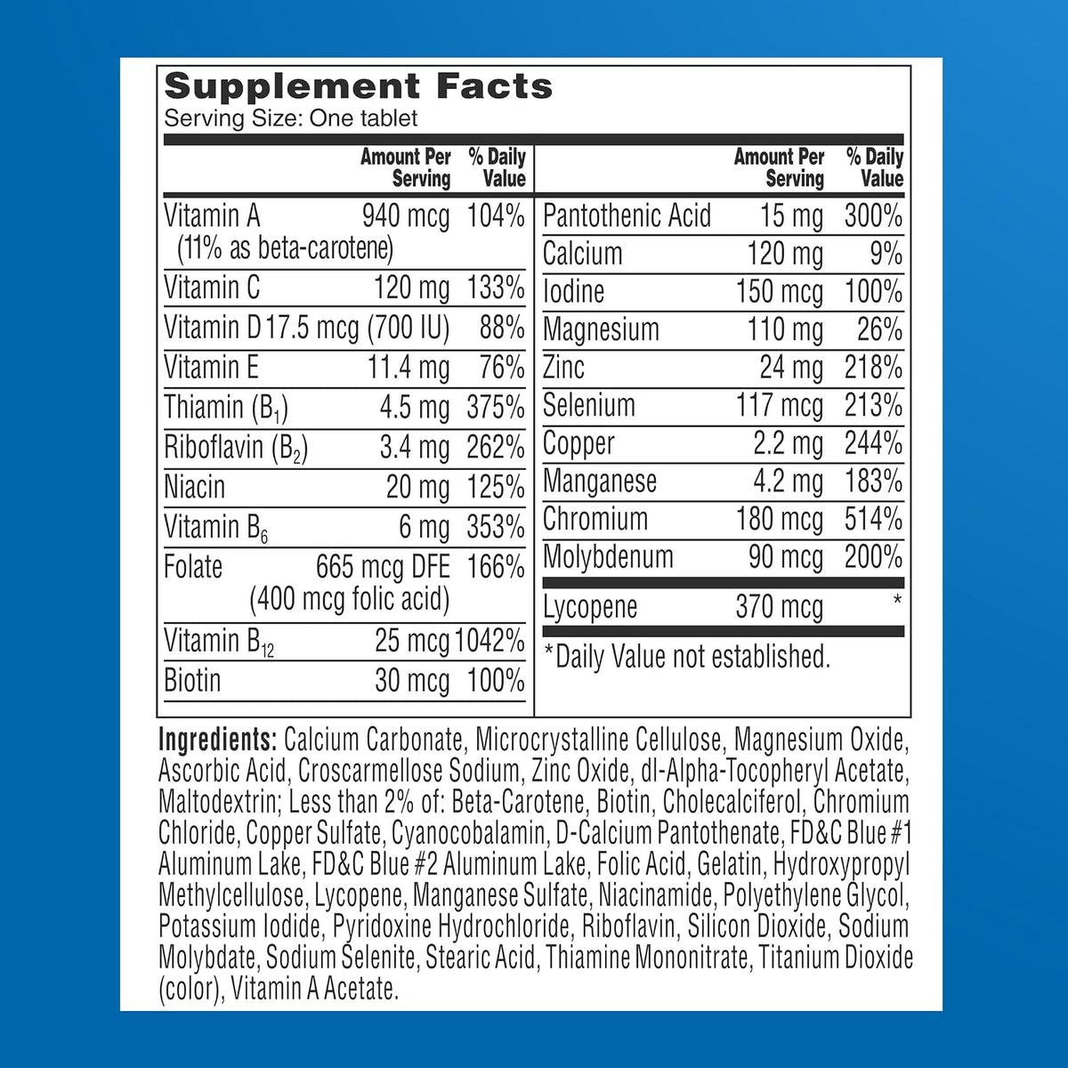 One A Day Men’s 50+ Multivitamins, Supplement with A, C, D, E and Zinc for Immune Health*, Calcium & More, 100 Tablets