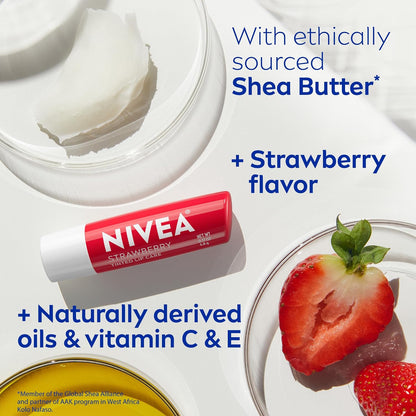 NIVEA Strawberry Lip Care, Tinted Lip Balms with Shea Butter, 4 x 0.17 OZ