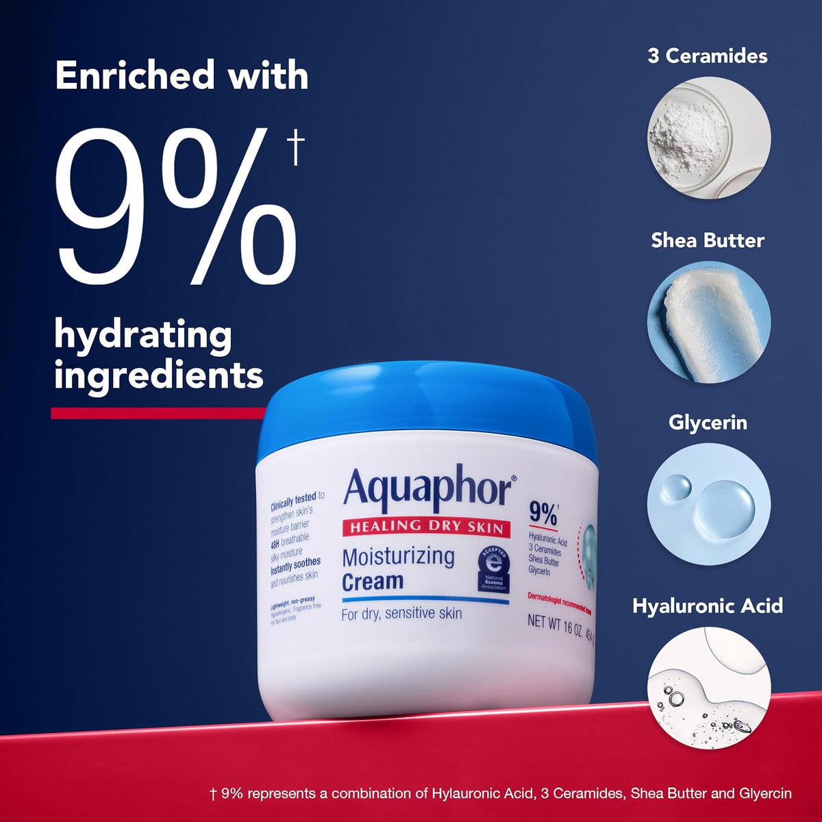 Aquaphor Moisturizing Face and Body Cream with Hyaluronic Acid, 16 OZ
