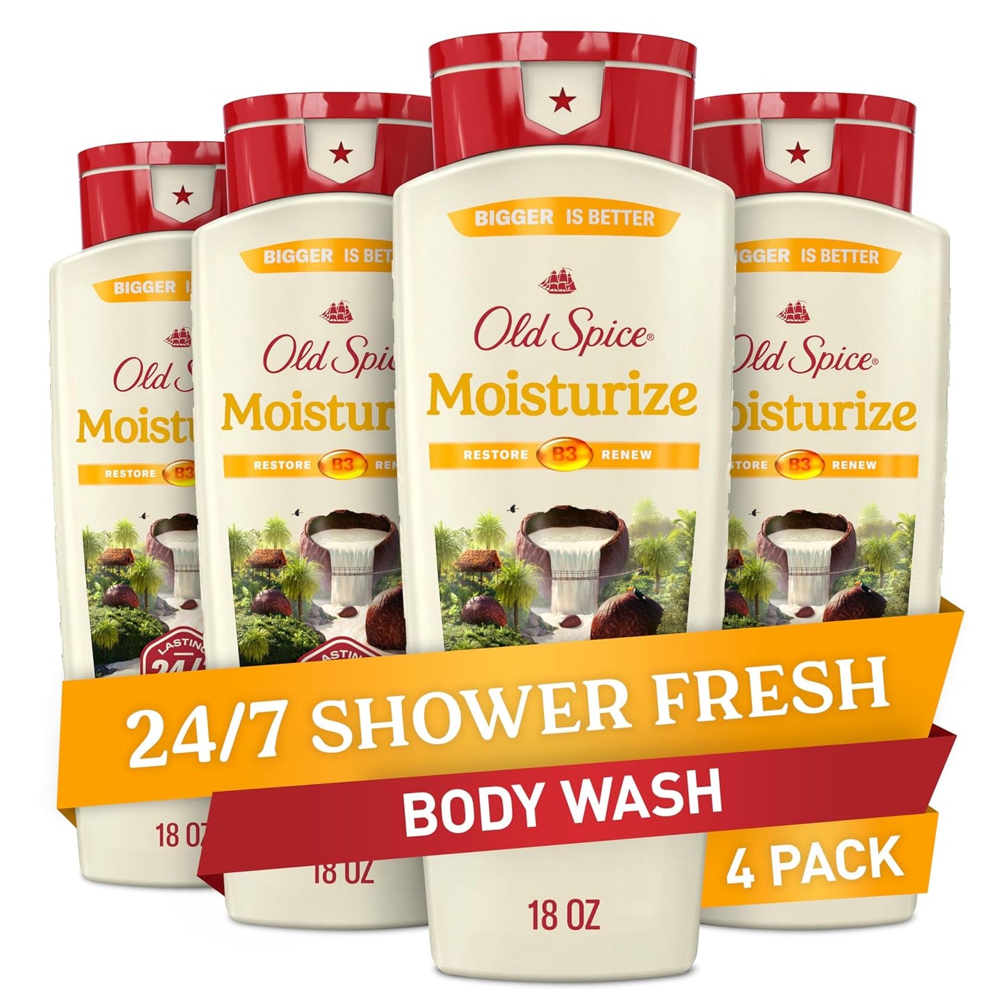 Old Spice Cleansing Body Wash for Men, 24/7 Shower Fresh with Lasting Scent, Restore & Renew, Gentle on Skin, Vitamin B3, Moisturize with Shea Butter Scent, 18 oz (Pack of 4)