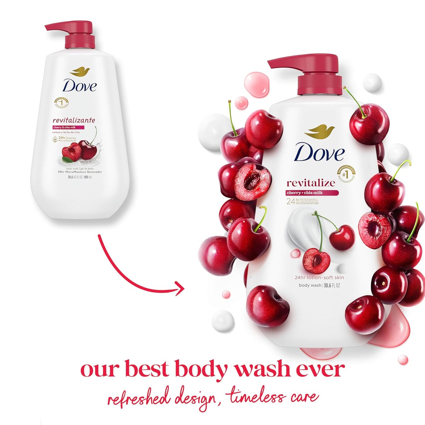 Dove 24hr Lotion Body Wash Revitalizante Cherry & Chia Milk, 30.6 oz | Hydrating body wash with MicroMoisture and a luscious cherry scent