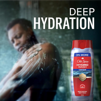 Old Spice Moisturizing Body Wash for Men, Hydro Wash, 2-in-1 Long Lasting Scent & Deep Hydration, 24/7 Shower Fresh, Captain Scent with Ocean Mist & Bergamot, 21 oz (Pack of 4)