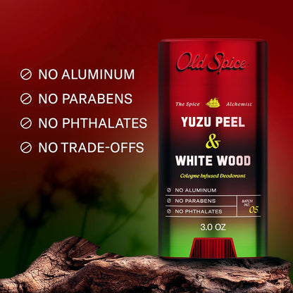 Old Spice Aluminum Free Deodorant for Men, The Spice Alchemist Collection, 24/7 Cologne Infused Scent, No Trade Off Formula, Free of Parabens & Phthalates, Yuzu Peel + White Wood Scent, 3.0 oz