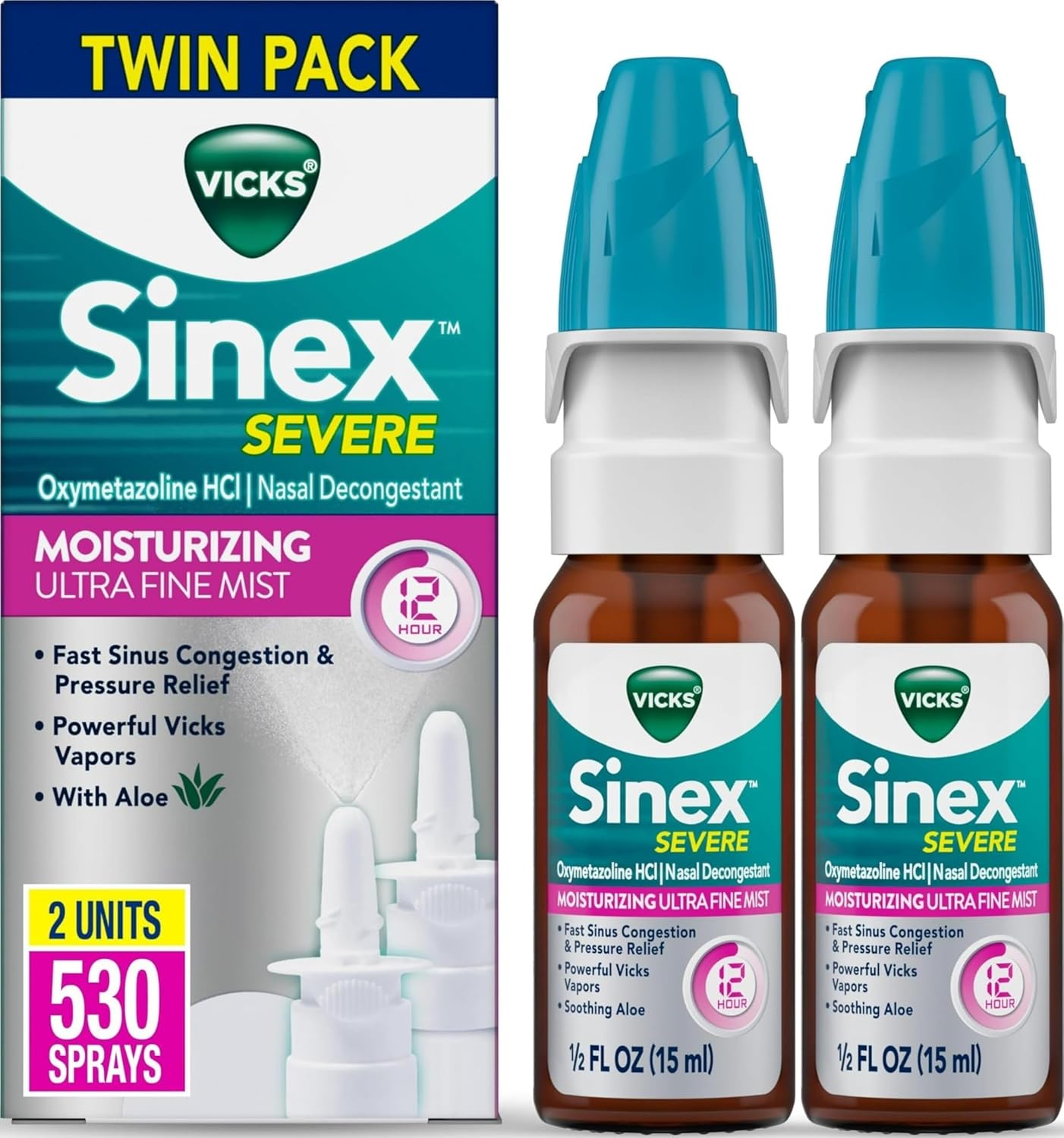 Vicks Sinex Severe Nasal Spray, Moisturizing Ultra Fine Mist with Aloe, Decongestant Medicine, Relief from Stuffy Nose Due to Cold or Allergy, Nasal Congestion & Sinus Pressure Relief, 265 Sprays x 2