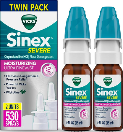 Vicks Sinex Severe Nasal Spray, Moisturizing Ultra Fine Mist with Aloe, Decongestant Medicine, Relief from Stuffy Nose Due to Cold or Allergy, Nasal Congestion & Sinus Pressure Relief, 265 Sprays x 2