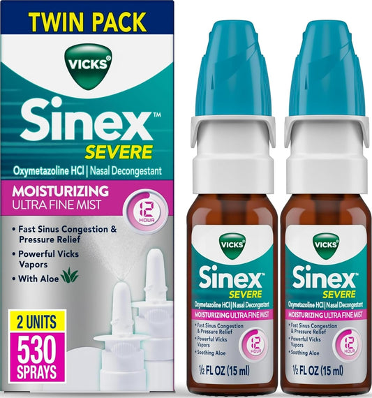 Vicks Sinex Severe Nasal Spray, Moisturizing Ultra Fine Mist with Aloe, Decongestant Medicine, Relief from Stuffy Nose Due to Cold or Allergy, Nasal Congestion & Sinus Pressure Relief, 265 Sprays x 2
