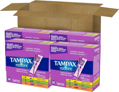 Tampax Radiant Tampons for Women Multipack, with LeakGuard Braid, Regular/Super/Super Plus Absorbency, Unscented, 112 Count (4 Packs of 28), Packaging May Vary