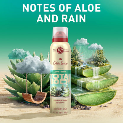 Old Spice Whole Body Deodorant Spray for Men, Aluminum Free, Aloe + Rain Scent, 24/7 Odor Protection, 24/7 Lasting Freshness, Dermatologist Tested, Gentle on Skin, Safe to Use All Over, 3.5 oz