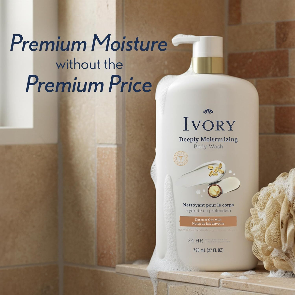 Ivory Deeply Moisturizing Body Wash, 24hr Nourishing Hydration, Soothes Itchy Dry Skin, Made with Shea Butter Blend, Free of Dyes Heavy Perfumes Parabens & Phthalates, Oatmilk Scent, 27 oz