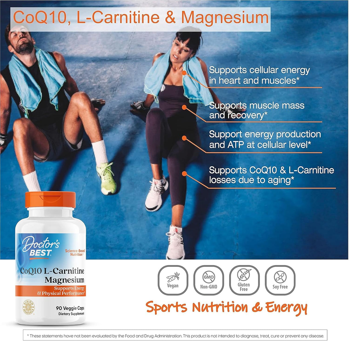 Doctor's Best CoQ10 L-Carnitine Magnesium Supplement, Soy Free, 90 Veg Caps