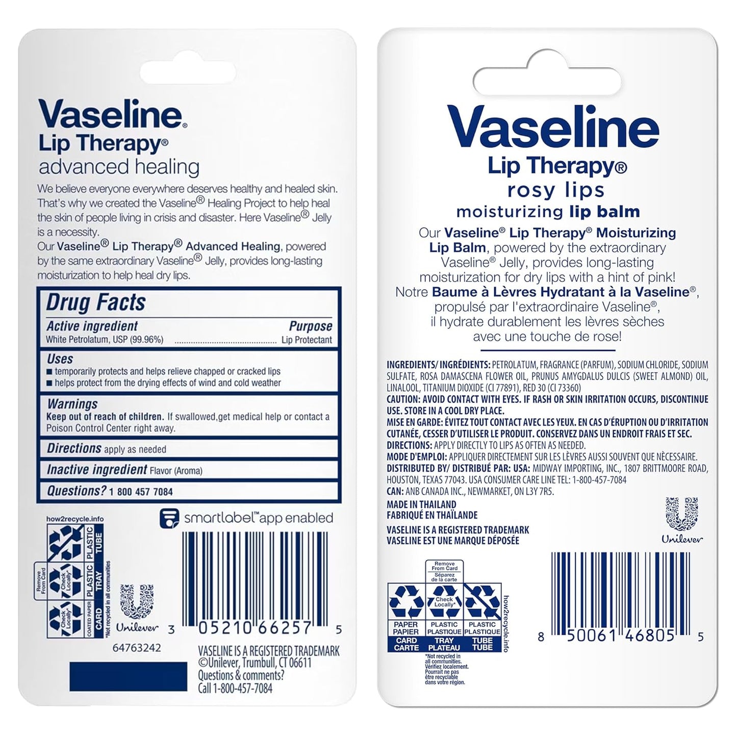 Vaseline Lip Therapy Advanced Healing Bulk Lip Balm Original & Rosy Lips Twin Packs, 48 Tubes Total, 0.35 Oz Ea